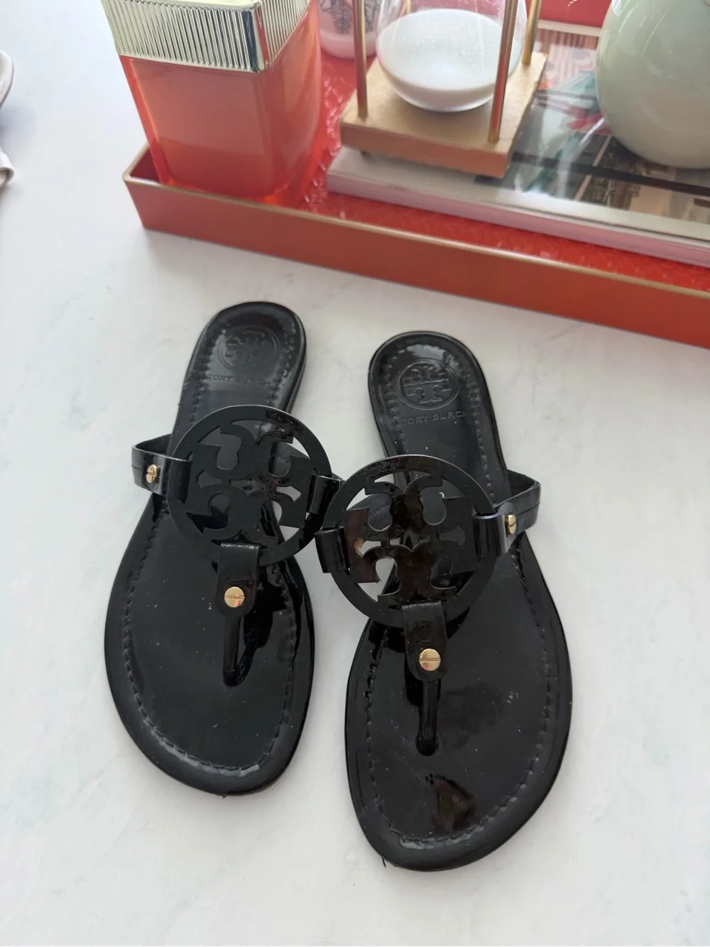 Tory Burch Black Patent Miller Thong Sandals